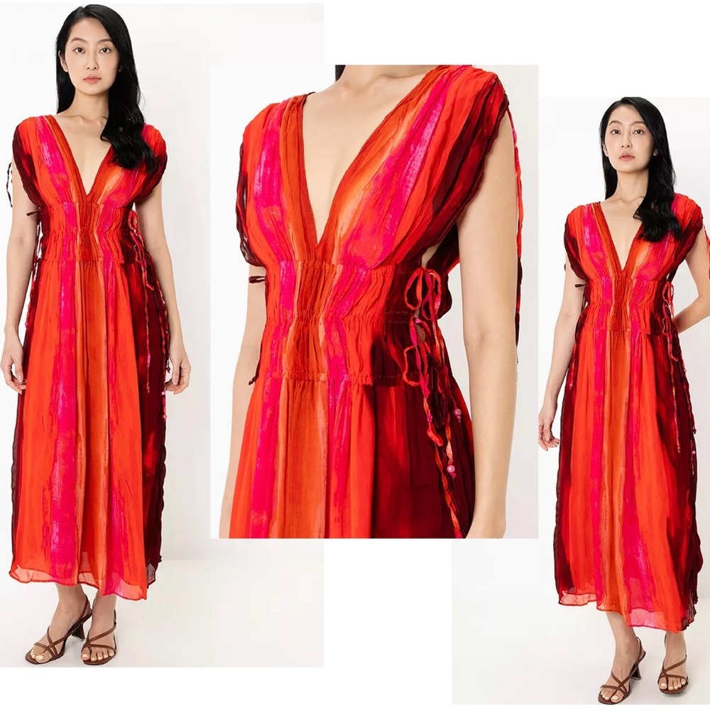 Zara red pink tie-dye BoHo V-neck midi dress Sz M tropical beach vacation NWOT - Picture 3 of 16